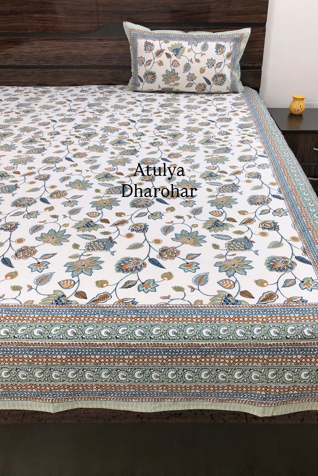Blue Floral Jaal Cotton Super King Bedsheet