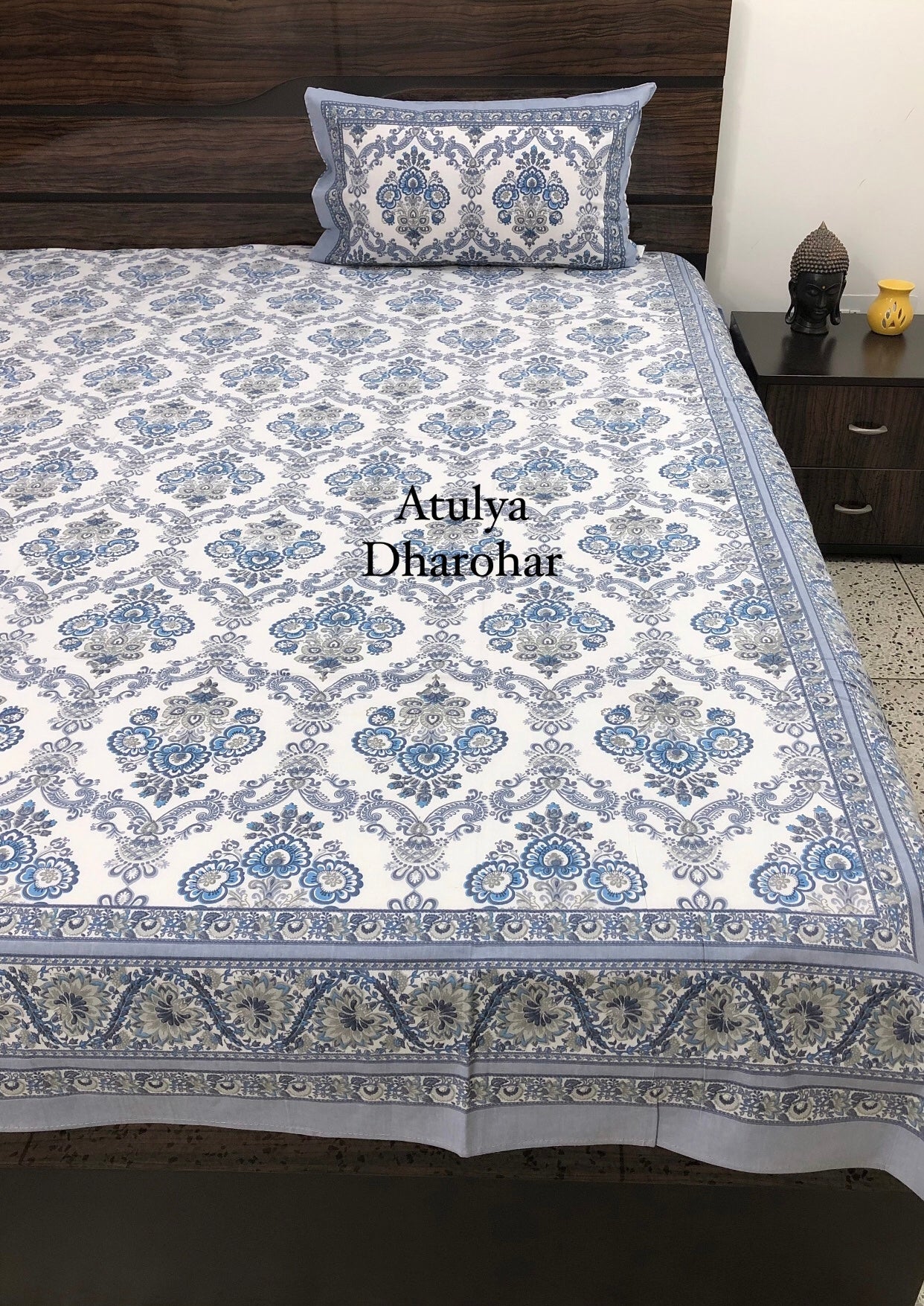 Blue Floral Mughal Jaal Bedsheet