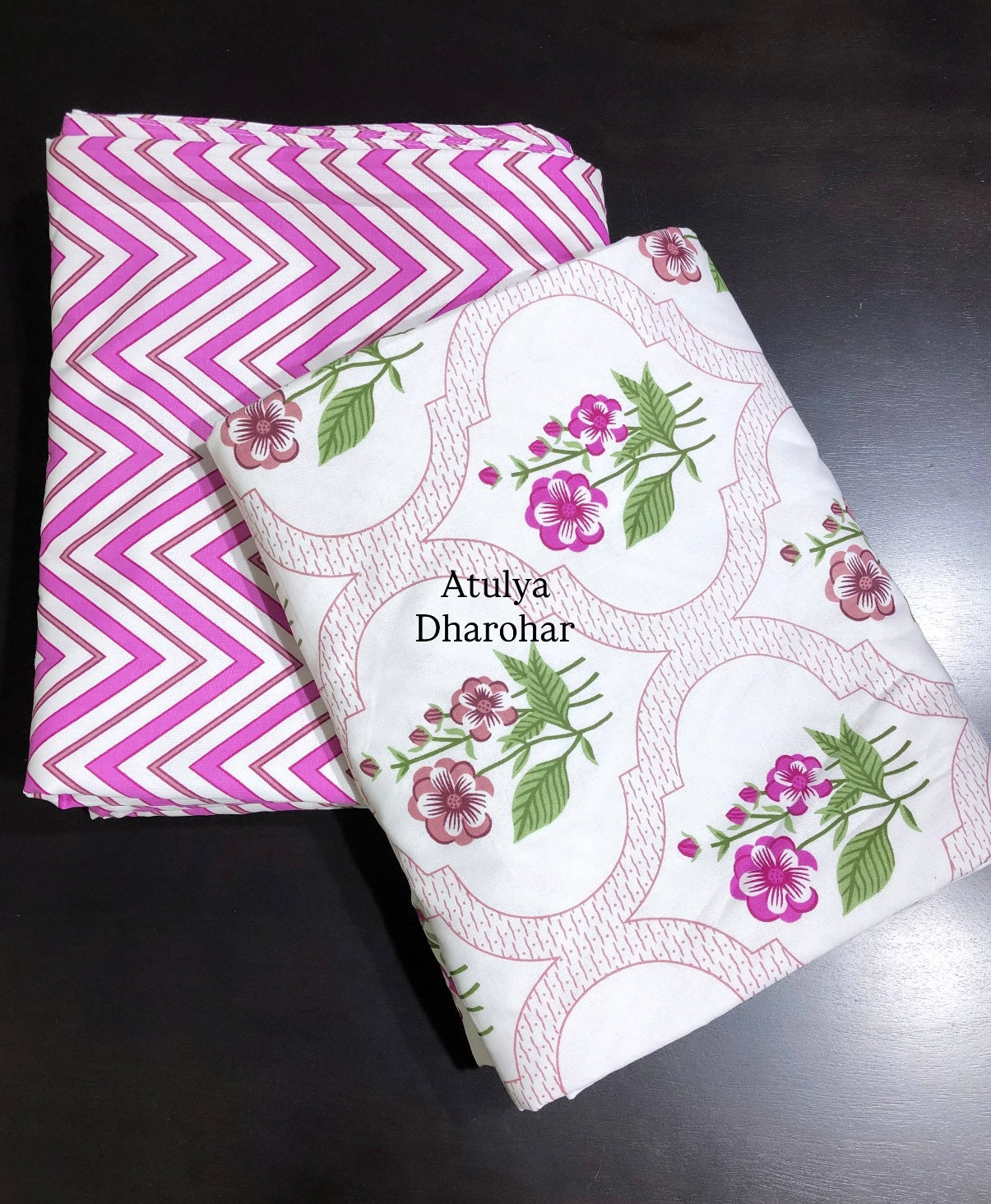 Purplish Pink and Green Floral Mughal Jaal Cambric Cotton Single Dohar Pair