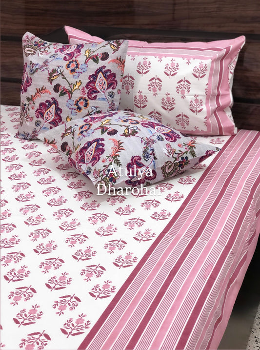 Pink Floral Motifs Cotton King Size Bedsheet