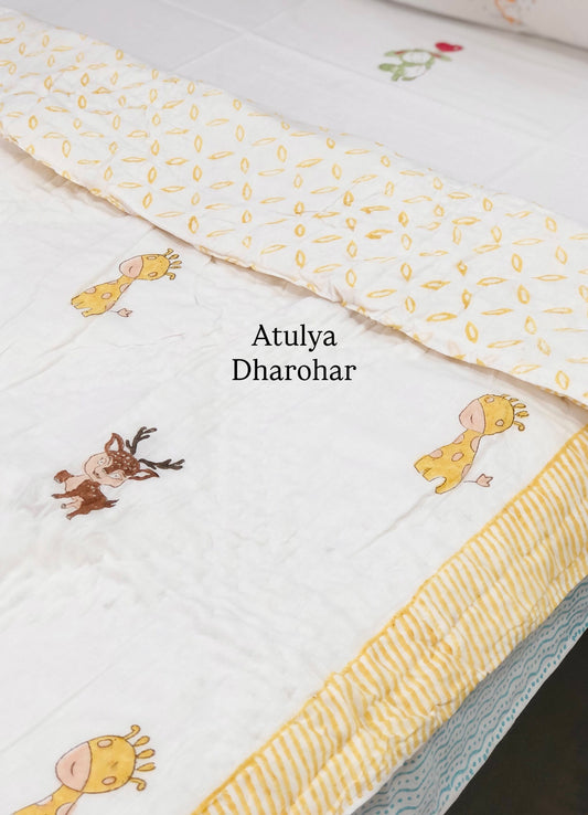 Giraffe and Deer Baby Hand Block Printed Quilt