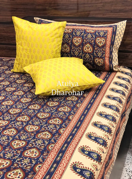 Indigo and Maroon Cotton Kalamkari Super King Bedsheet