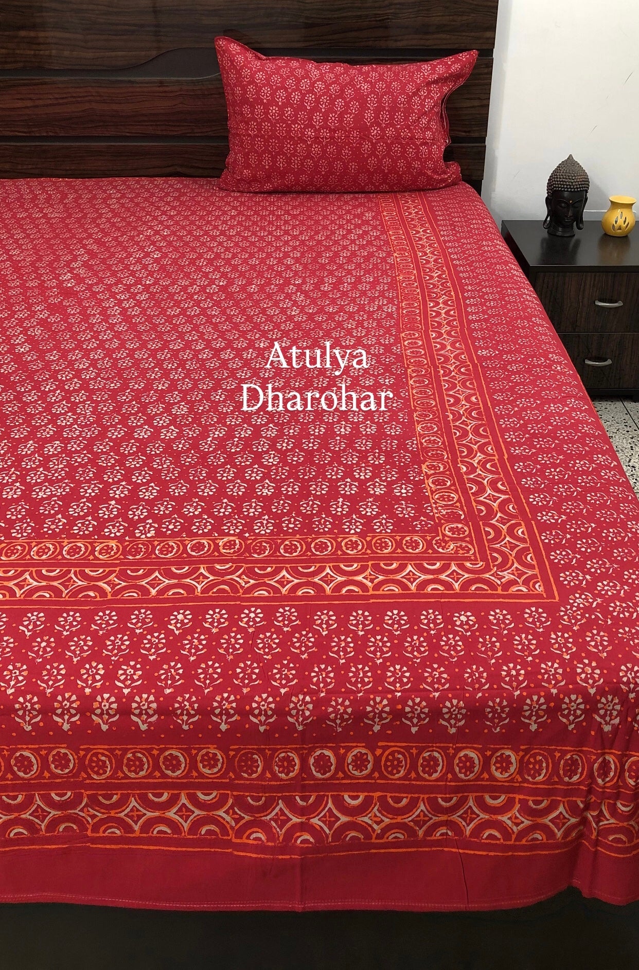 Red Butti Hand Block Printed Super King Bedsheet