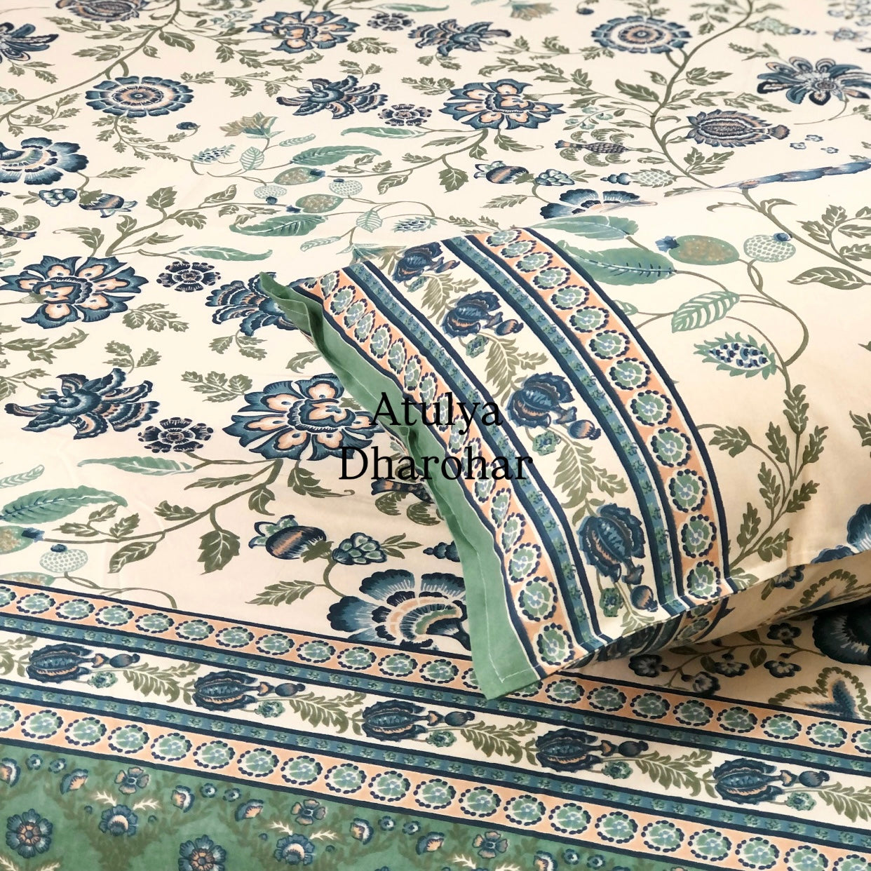 Blue and Green Floral Jaal Super King Cotton Bedsheet