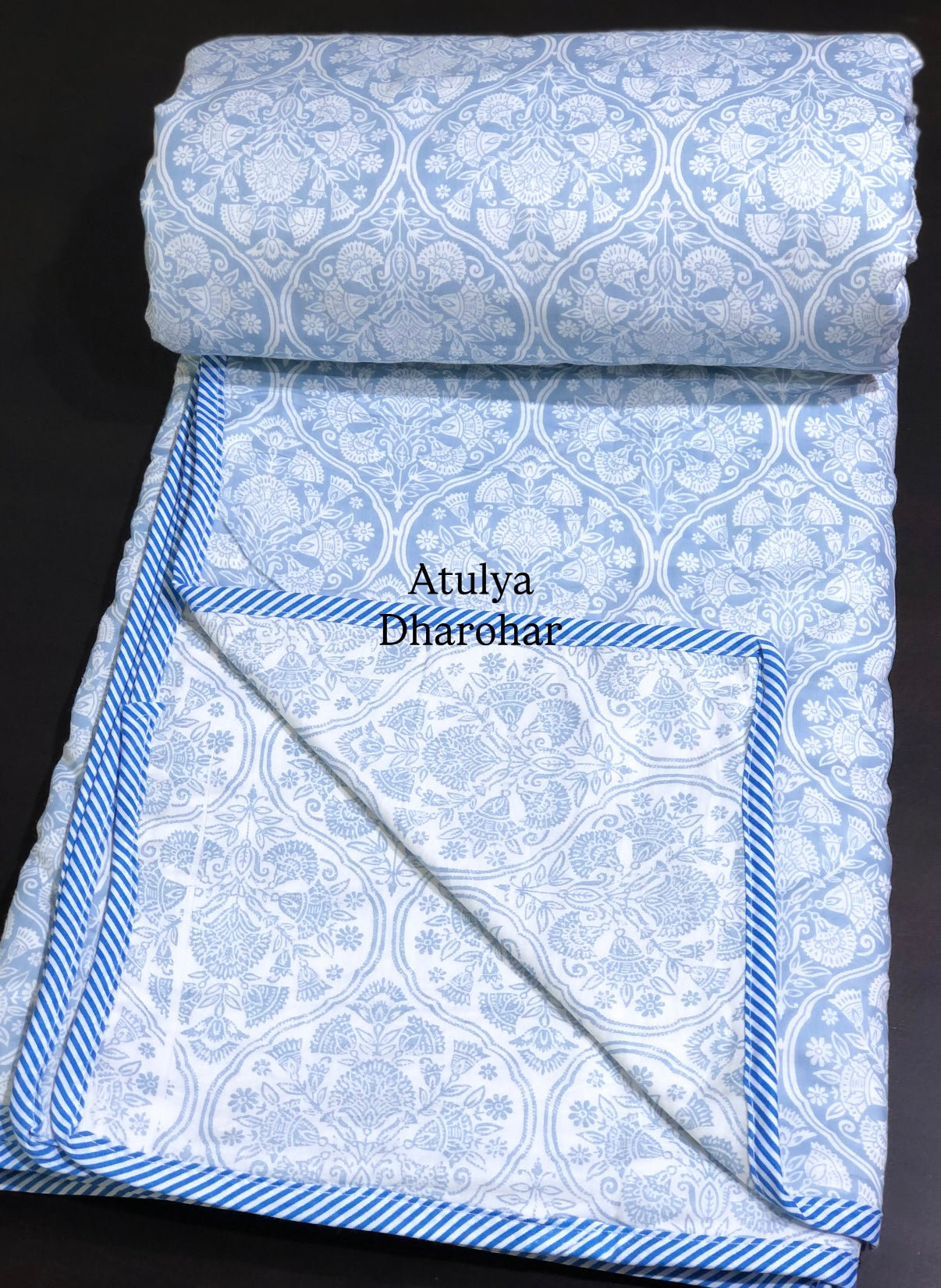 Blue Mughal Jaal Mulmul Double Bed Dohar