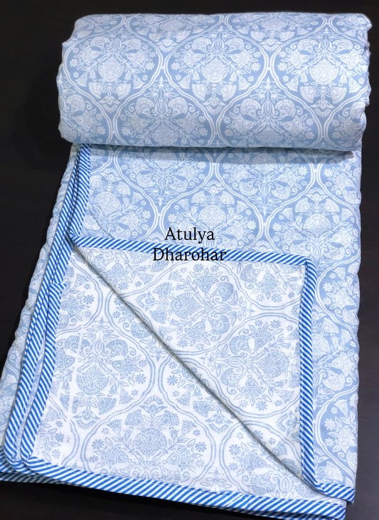 Blue Mughal Jaal Mulmul Double Bed Dohar