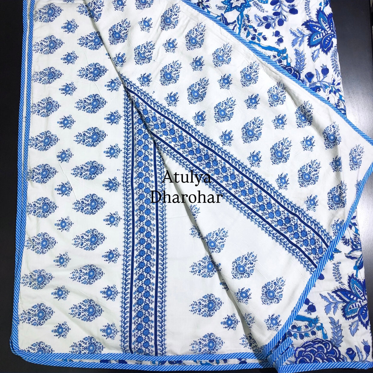 Blue Floral Jaal Mulmul Double Bed Dohar