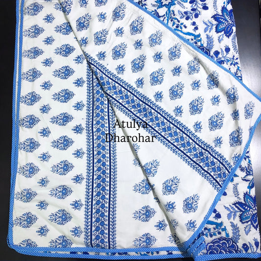 Blue Floral Jaal Mulmul Double Bed Dohar
