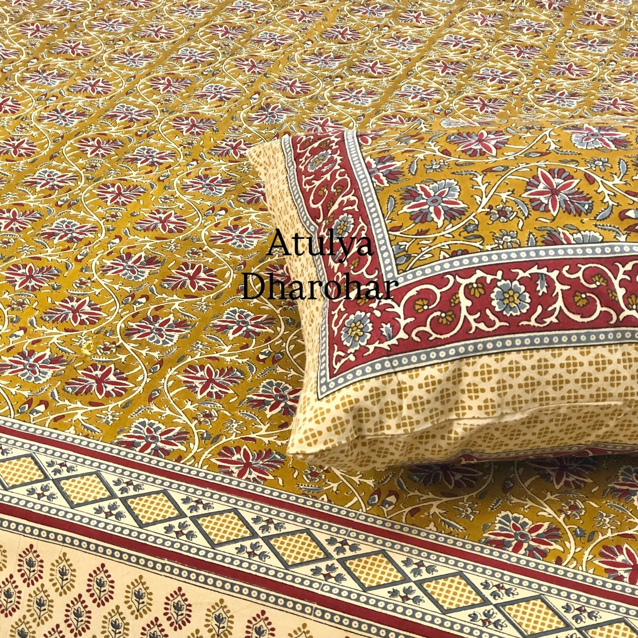 Mustard Green Kalamkari Cotton King Size Bedsheet