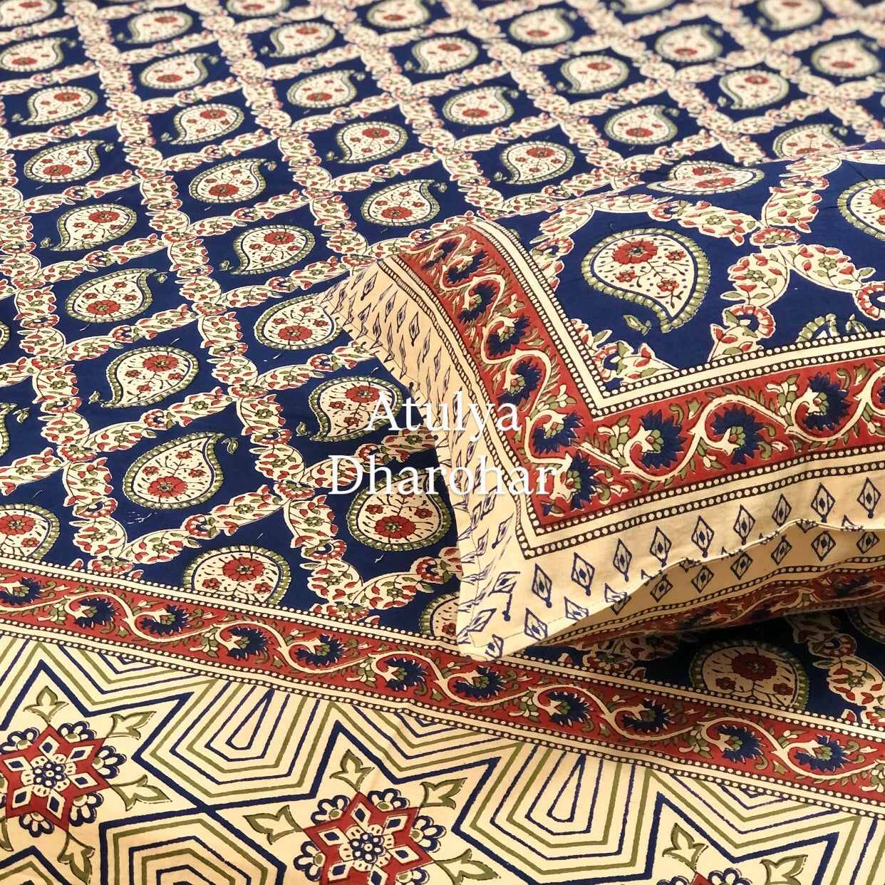 Indigo and Maroon Cotton Kalamkari Super King Bedsheet