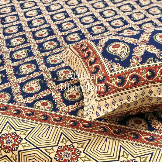 Indigo and Maroon Cotton Kalamkari Super King Bedsheet