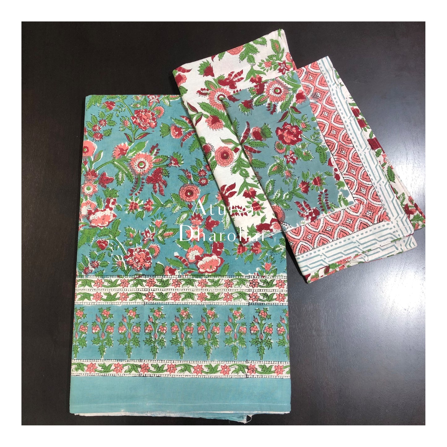 Turquoise Floral Motifs Hand Block Bedsheet