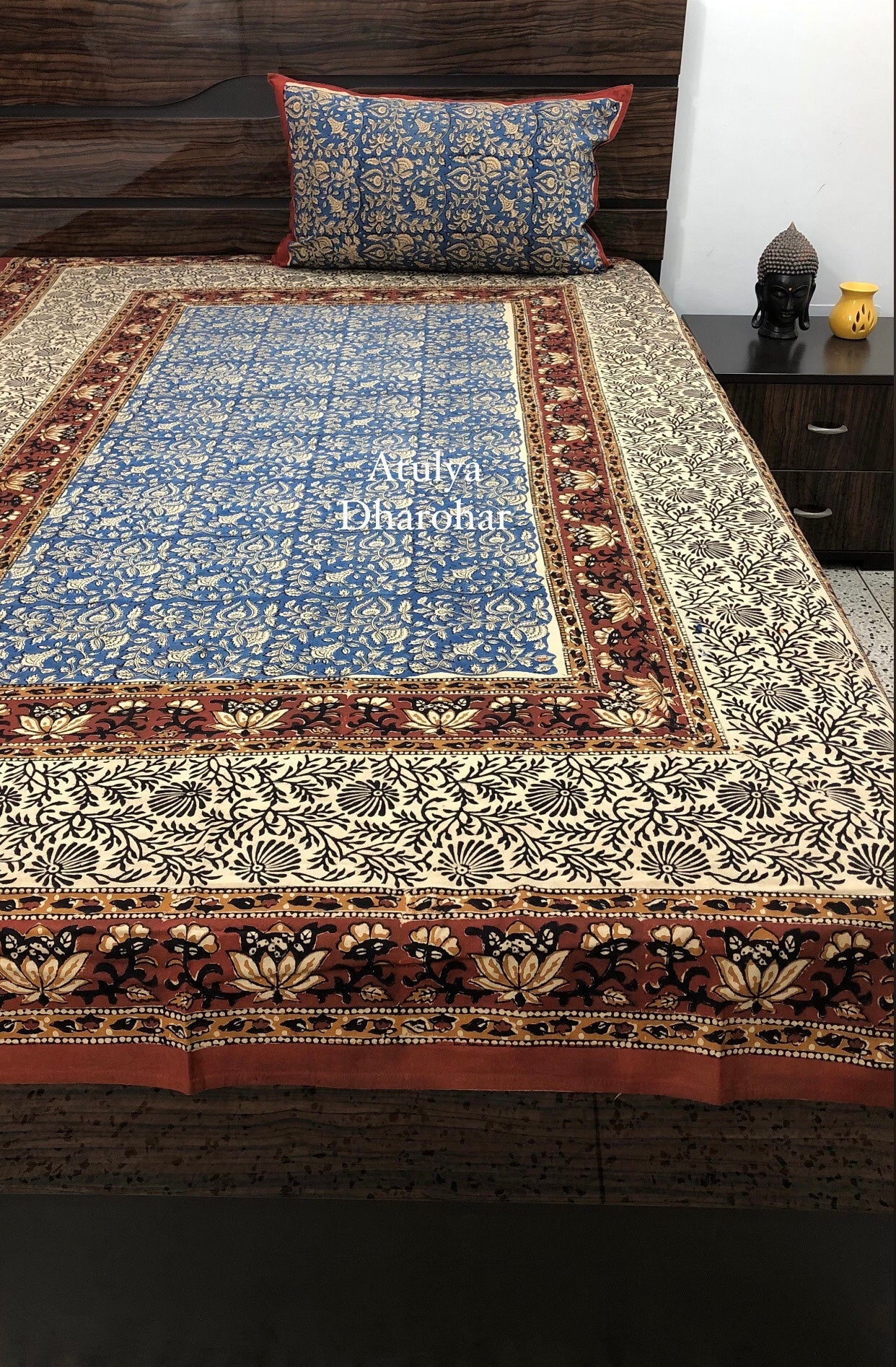 Indigo Kalamkari Hand Block Printed Single Bedsheet