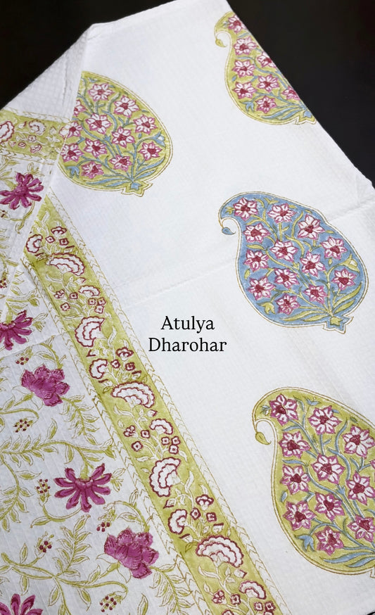 Green and Blue Paisley Motifs Hand Block Waffle Cotton Towel Set