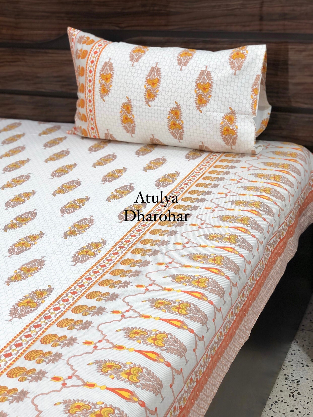 Orange and Yellow Floral Motifs Bedsheet