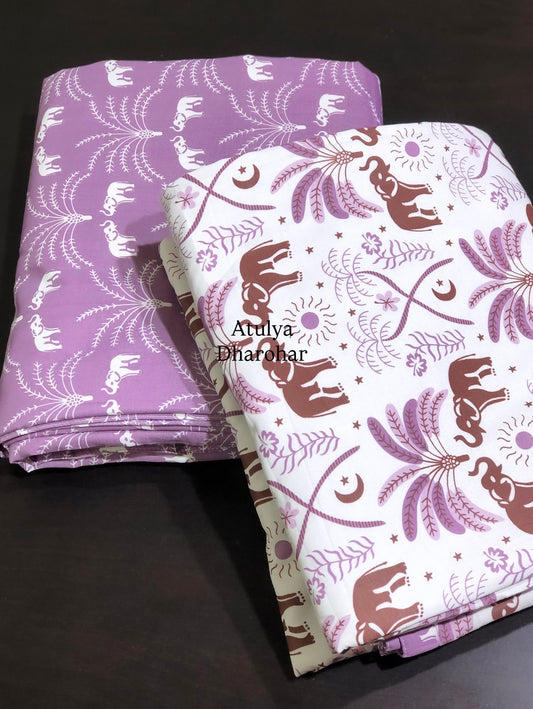 Magenta and Brown Elephant Motifs Cambric Cotton Single Dohar Pair