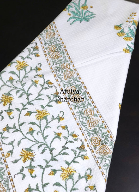 Yellow and Green Floral Motifs Hand Block Printed Waffle Cotton Towel