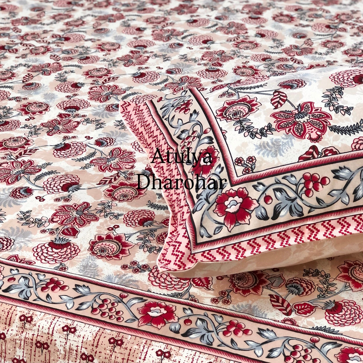 Red and Grey Floral Jaal Cotton King Size Bedsheet