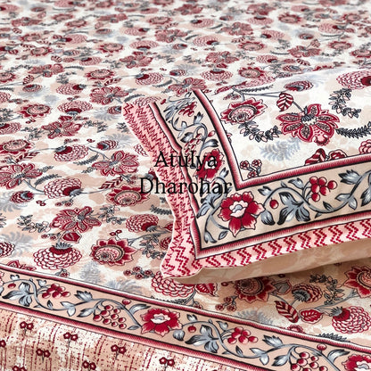 Red and Grey Floral Jaal Cotton King Size Bedsheet