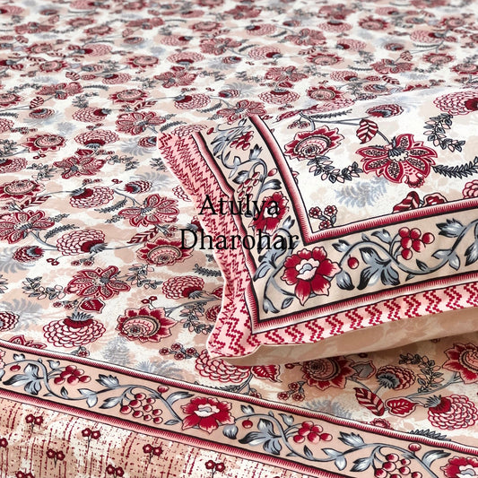 Red and Grey Floral Jaal Cotton King Size Bedsheet