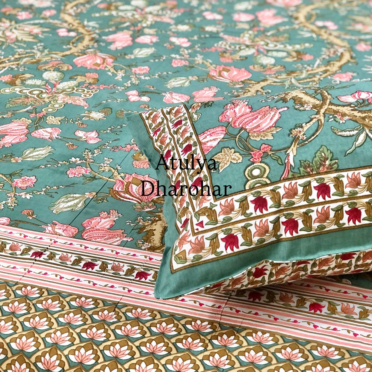 Turquoise and Pink Floral Jaal Cotton King Size Bedsheet