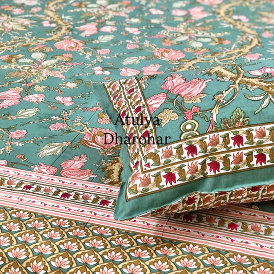 Turquoise and Pink Floral Jaal Cotton King Size Bedsheet