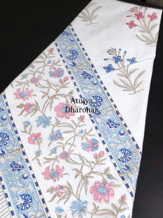 Blue and Pink Floral Motifs Hand Block Printed Waffle Cotton Towel