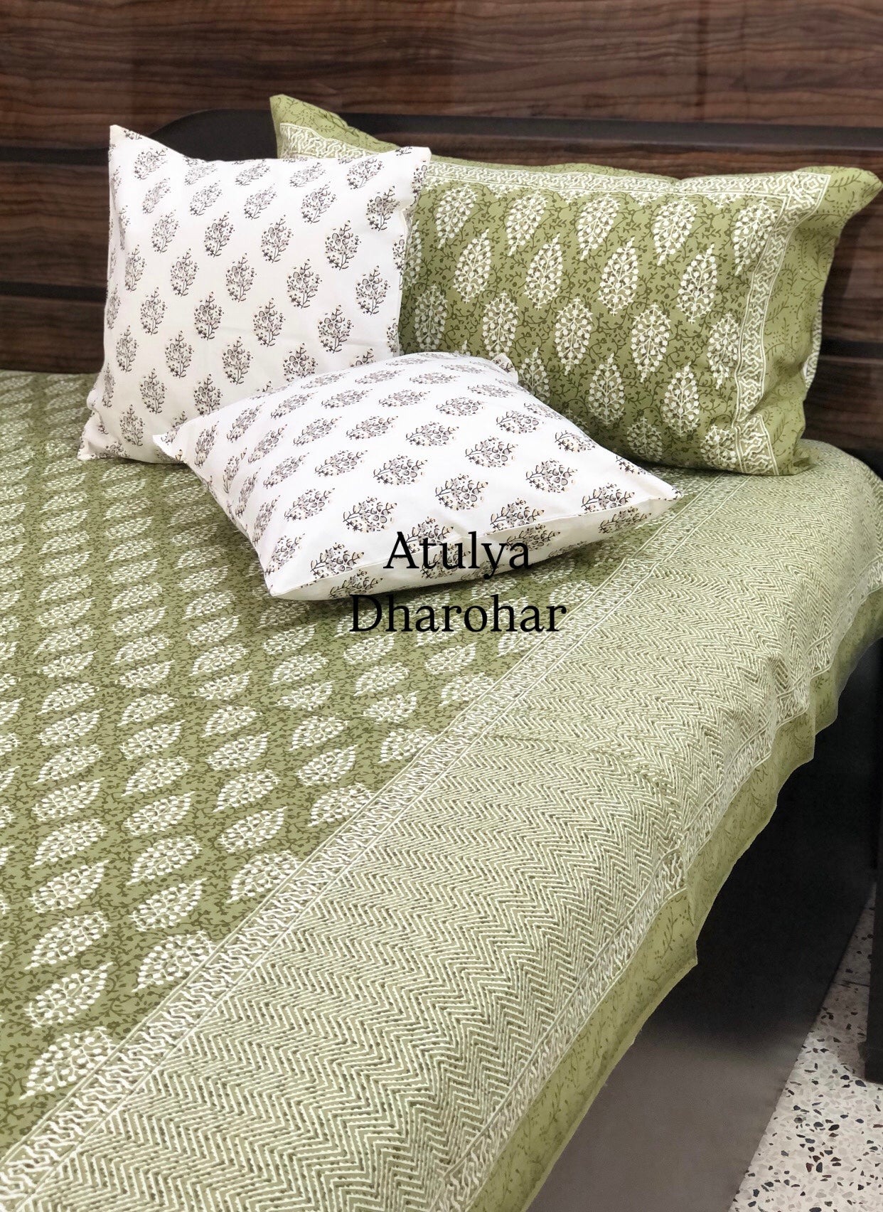 Green Butti Cotton King Size Bedsheet