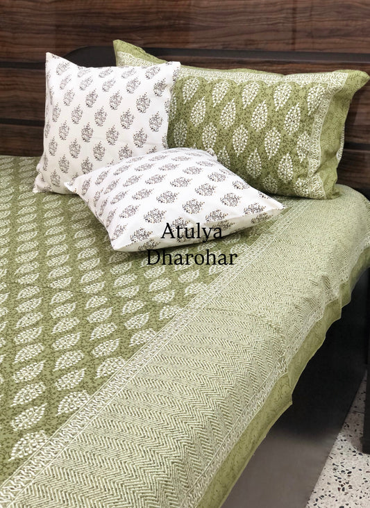 Green Butti Cotton King Size Bedsheet