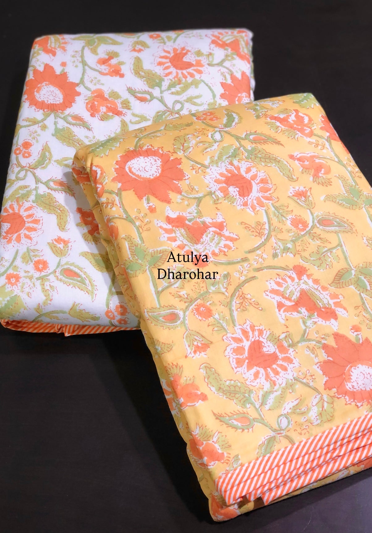 Yellow and Orange Floral Jaal Mulmul Single Dohar Pair