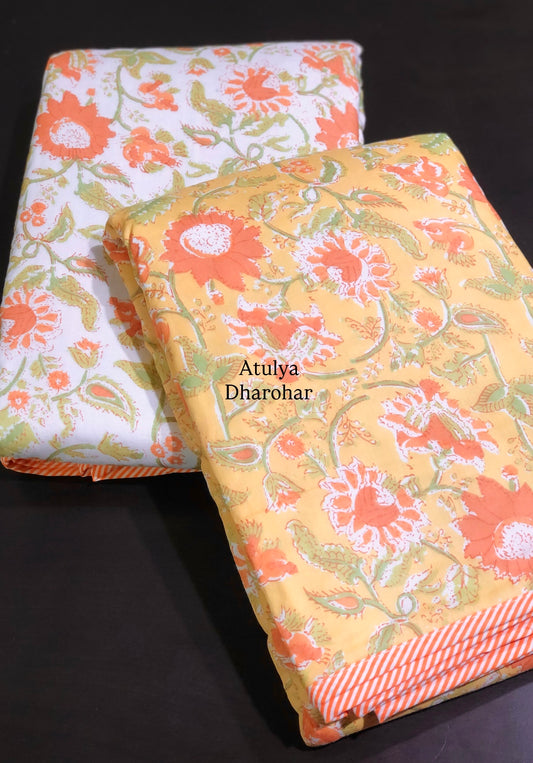 Yellow and Orange Floral Jaal Mulmul Single Dohar Pair