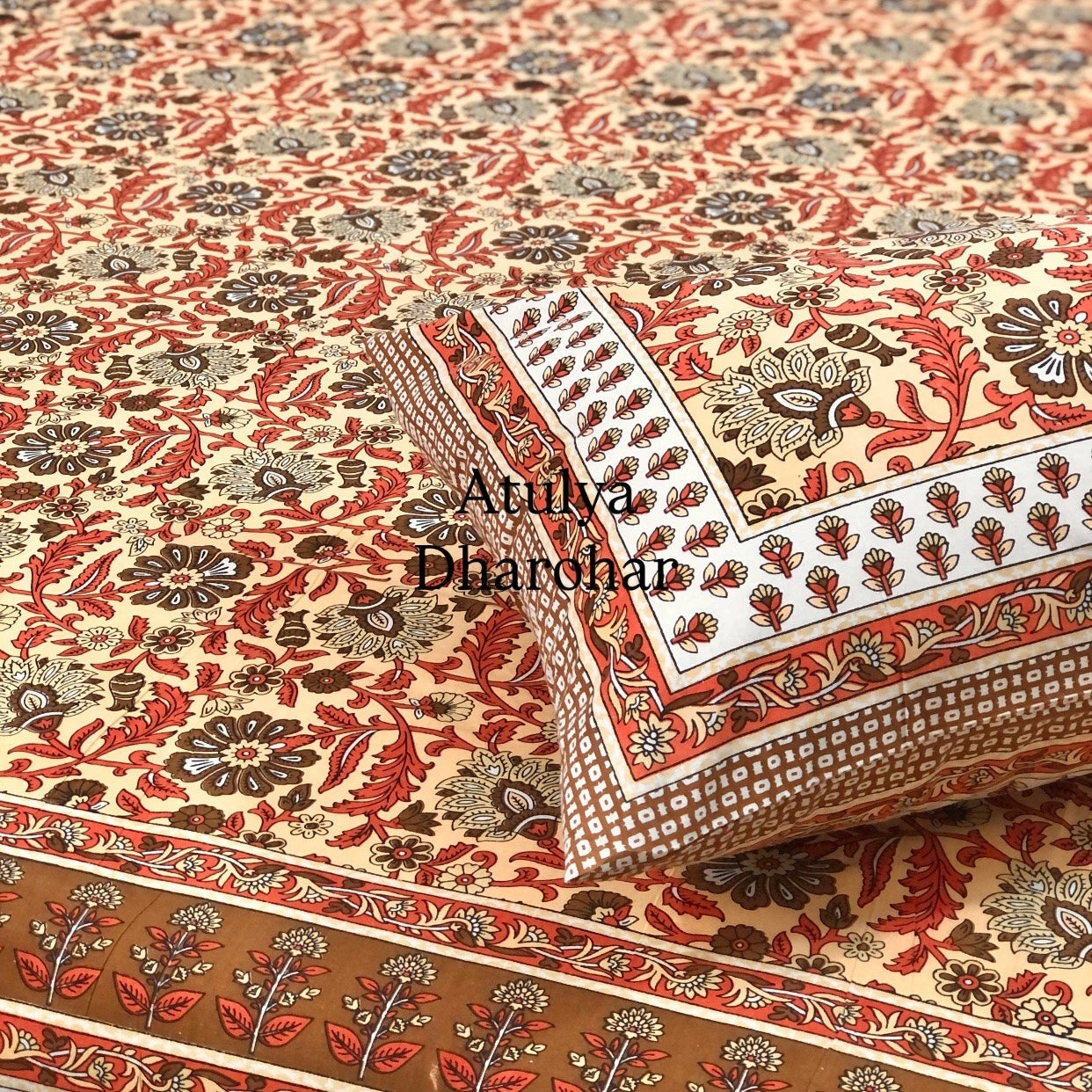 Rust and Green Floral Jaal Cotton King Size Bedsheet
