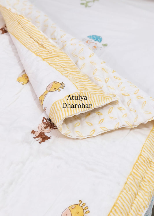 Giraffe and Deer Baby Hand Block Printed Quilt