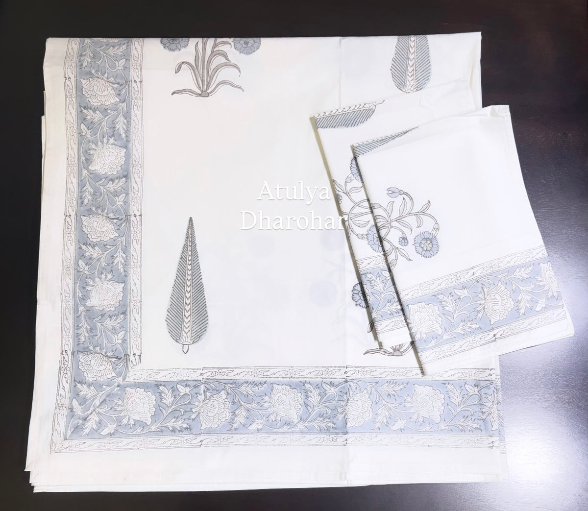 Blue and Grey Floral Motifs Percale Cotton Hand Block Printed Super King Bedsheet