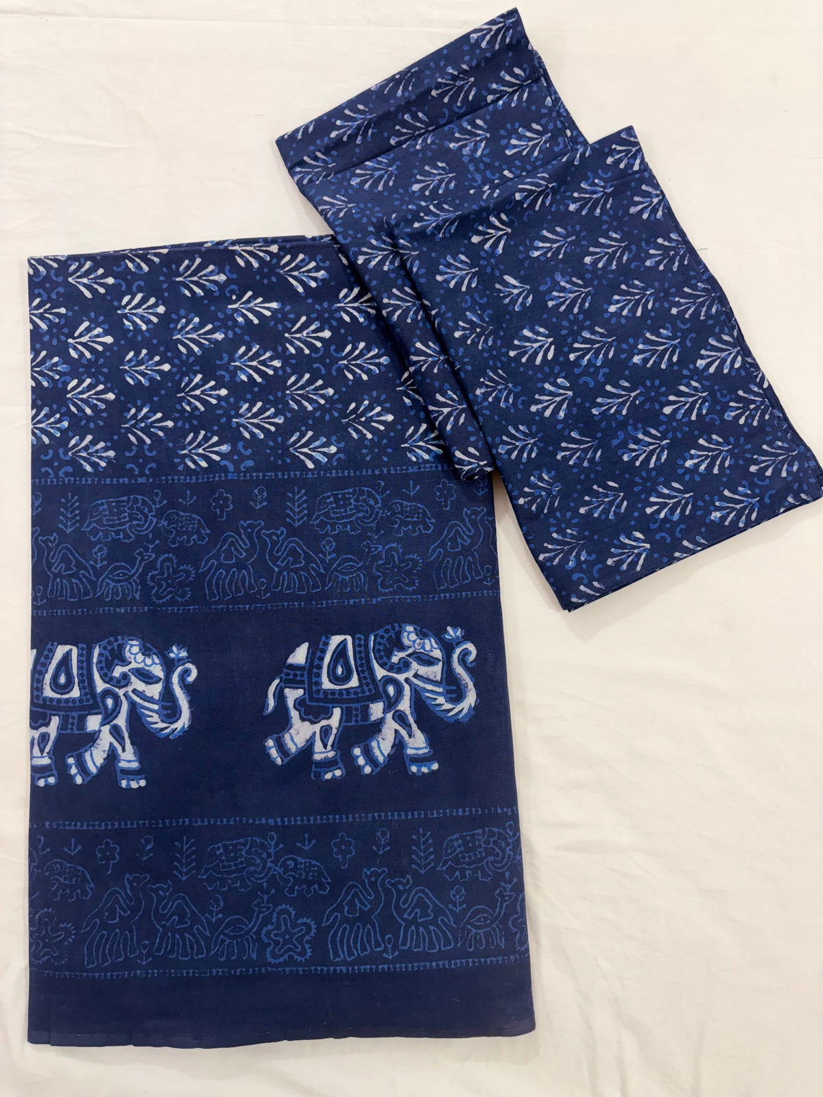 Indigo Butti with Elephant Border Hand Block Printed Bedsheet 100x108 inches