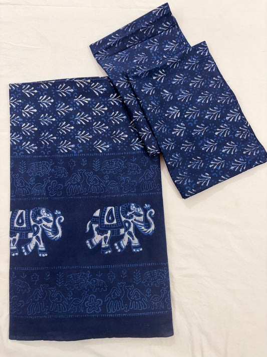 Indigo Butti with Elephant Border Hand Block Printed Bedsheet 100x108 inches