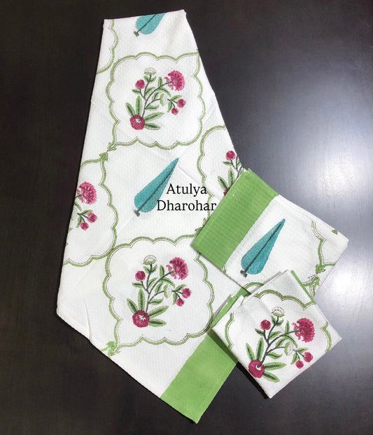 Pink and Turquoise Mughal Jaal Hand Block Waffle Cotton Towel Set