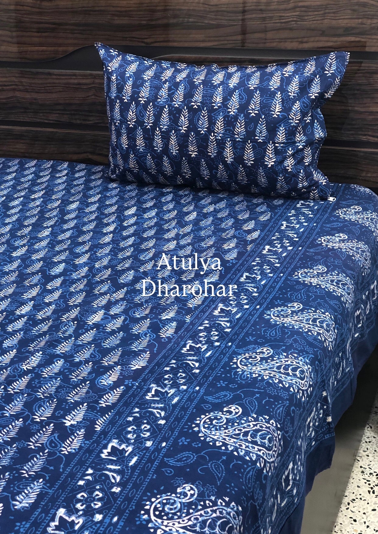 Indigo Pine Tree with Paisley Motifs Hand Block Printed Super King Bedsheet