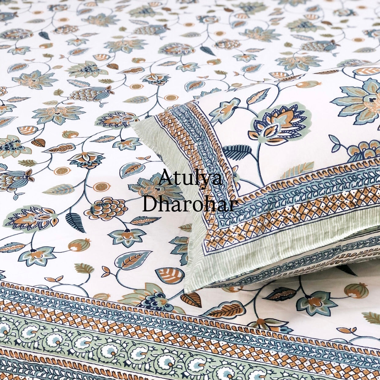 Blue Floral Jaal Cotton Super King Bedsheet