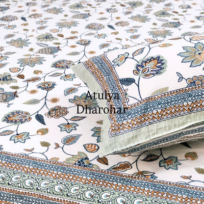 Blue Floral Jaal Cotton Super King Bedsheet