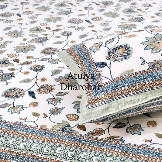 Blue Floral Jaal Cotton Super King Bedsheet