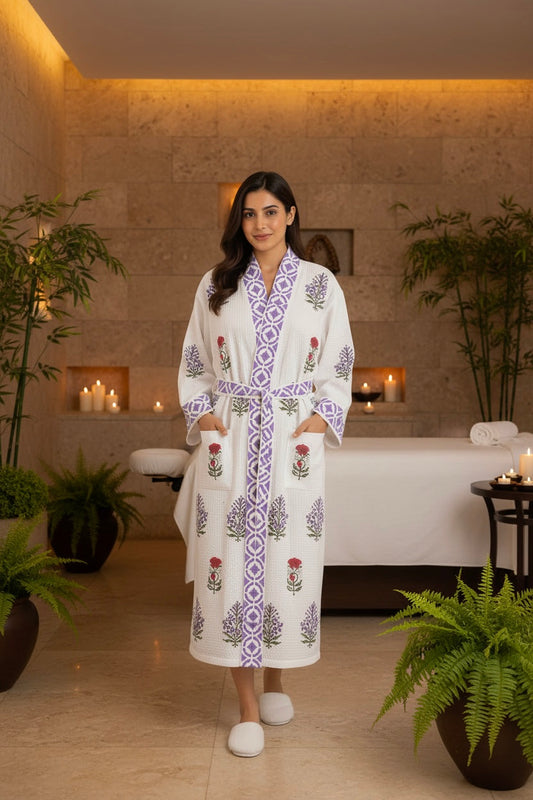 Purple and Red Floral Motifs Waffle Cotton Bathrobe