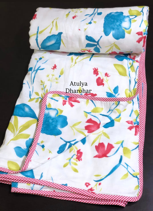 Blue and Red Floral Mulmul Double Bed Dohar