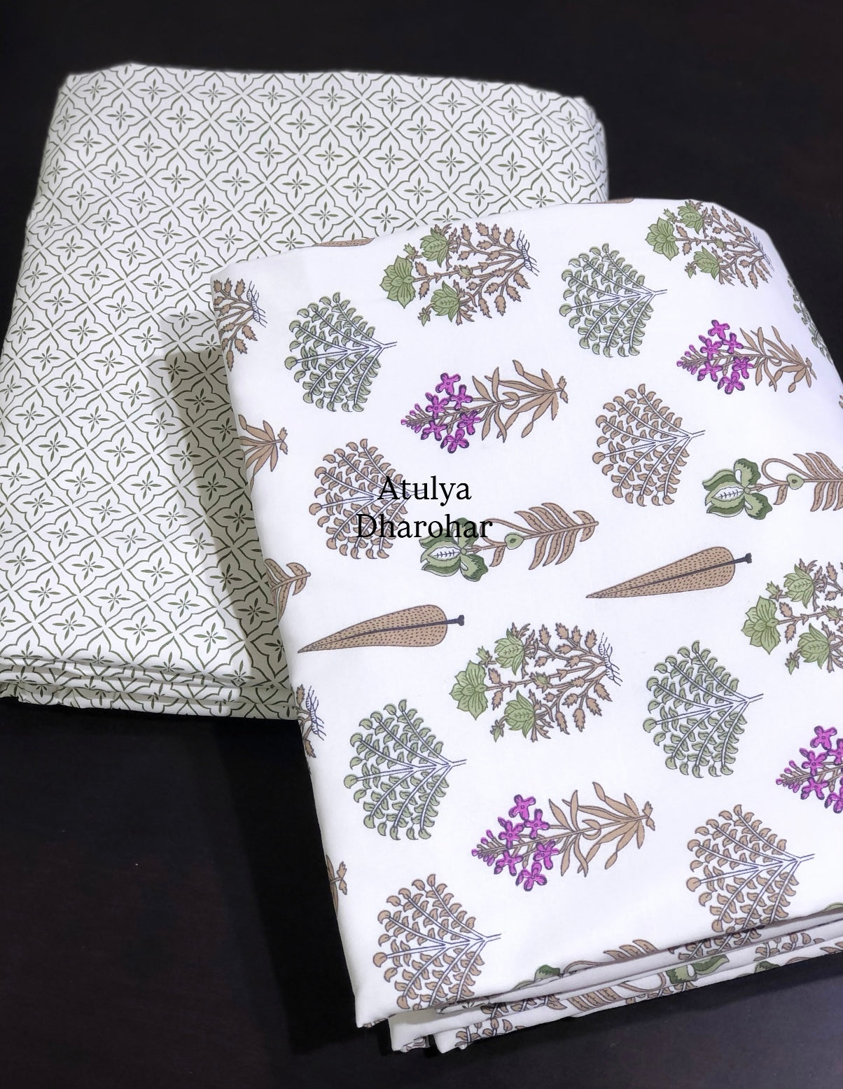 Purple and Green Floral Cambric Cotton Single Dohar Pair
