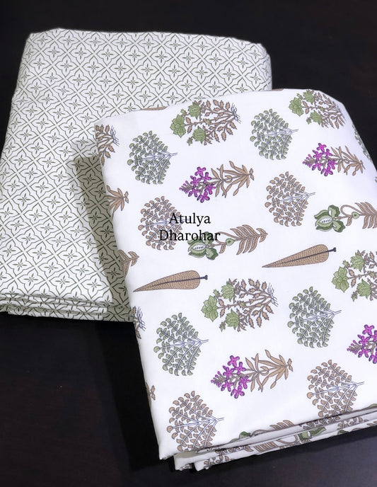 Purple and Green Floral Cambric Cotton Single Dohar Pair