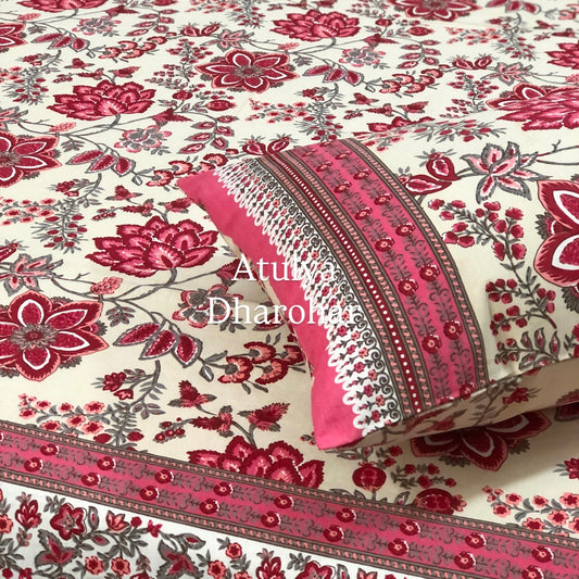Pink Floral Jaal Cotton King Size Bedsheet