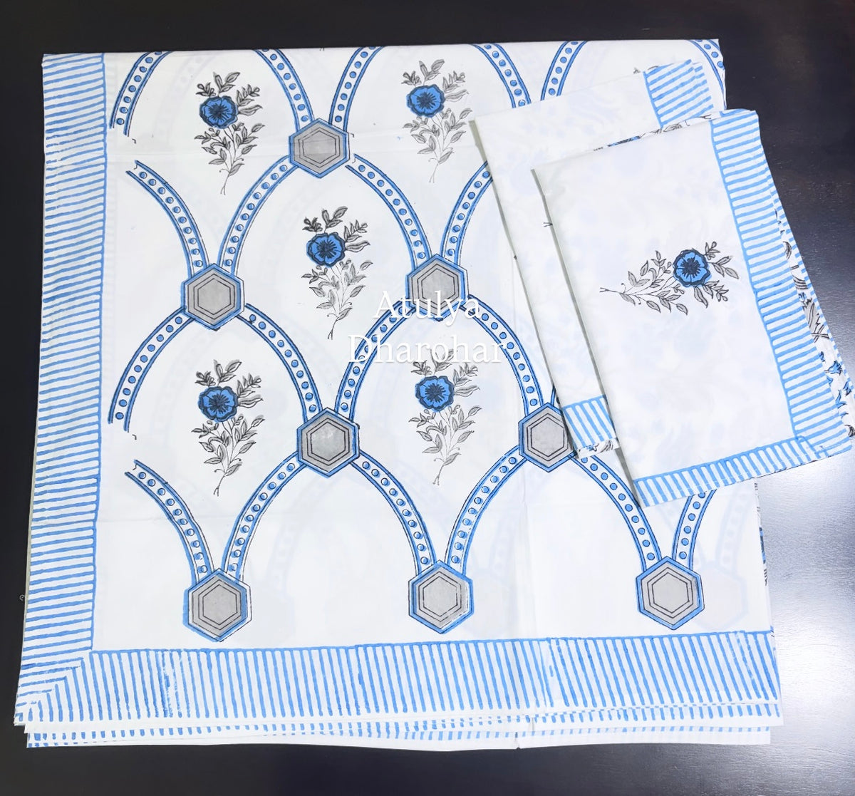 Blue Floral Mughal Jaal Percale Cotton Hand Block Printed Super King Bedsheet