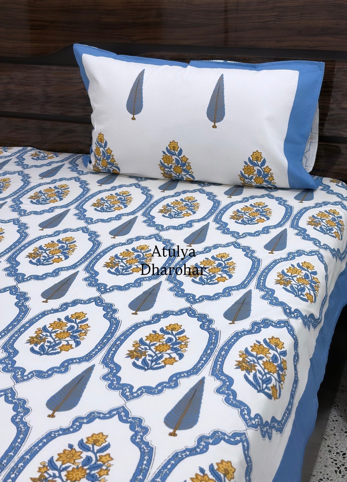 Blue and Yellow Floral Mughal Jaal Cotton Super King Bedsheet
