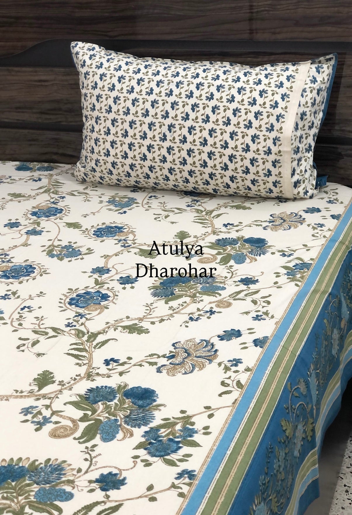 Blue and Green Floral Jaal Cotton Super King Bedsheet