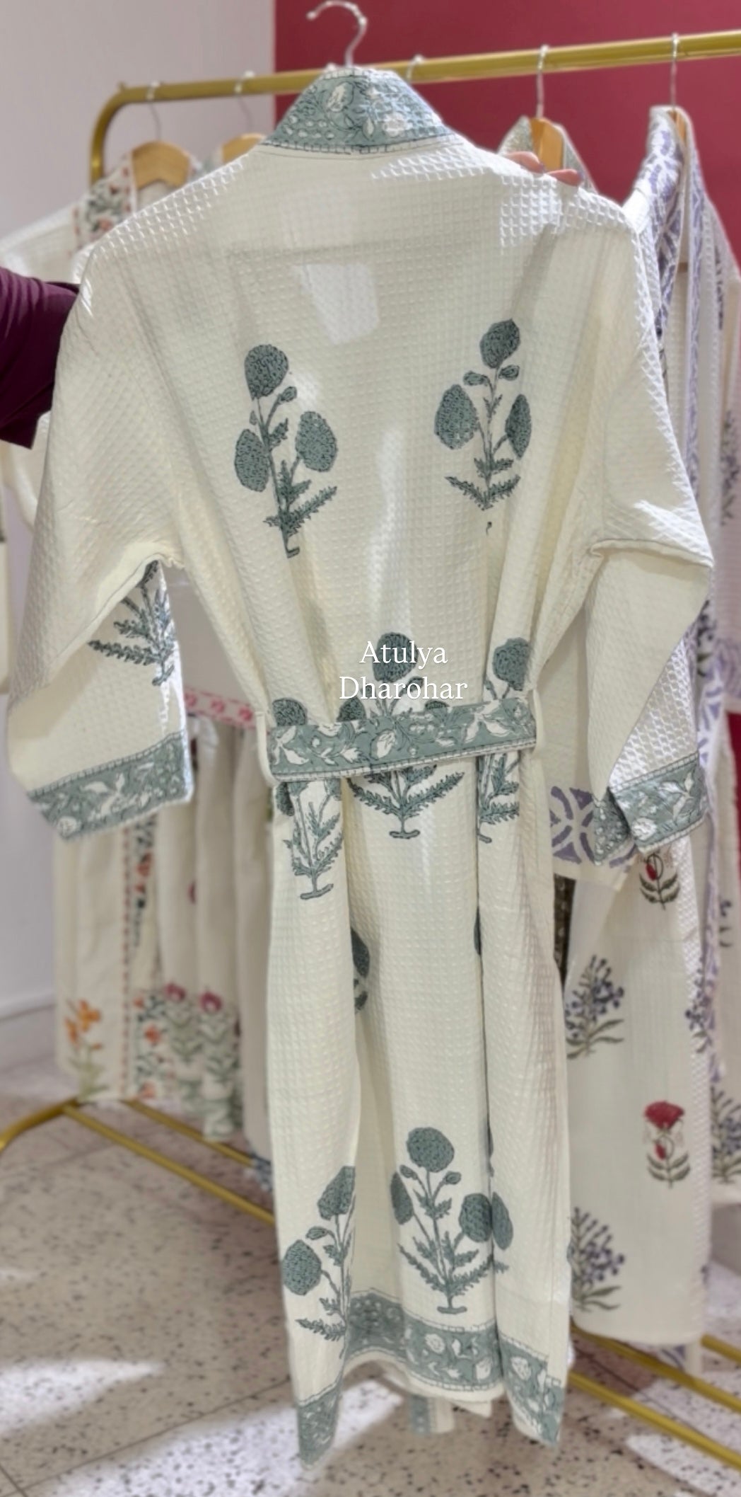 Greyish Blue Floral Motifs Hand Block Waffle Cotton Bathrobe